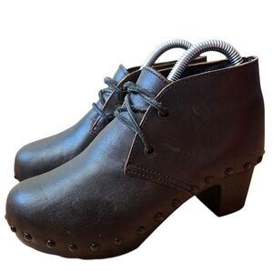 Unbranded Made In France Wooden Ankle Leather Boho Fall Winter Boots Black Sz 6